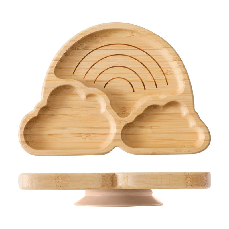 Baby Wooden Tableware Set Could Bamboo Wooden Plate Bowl Silicone Suction Wooden Handle Fork Spoon for Children Feeding Supplies