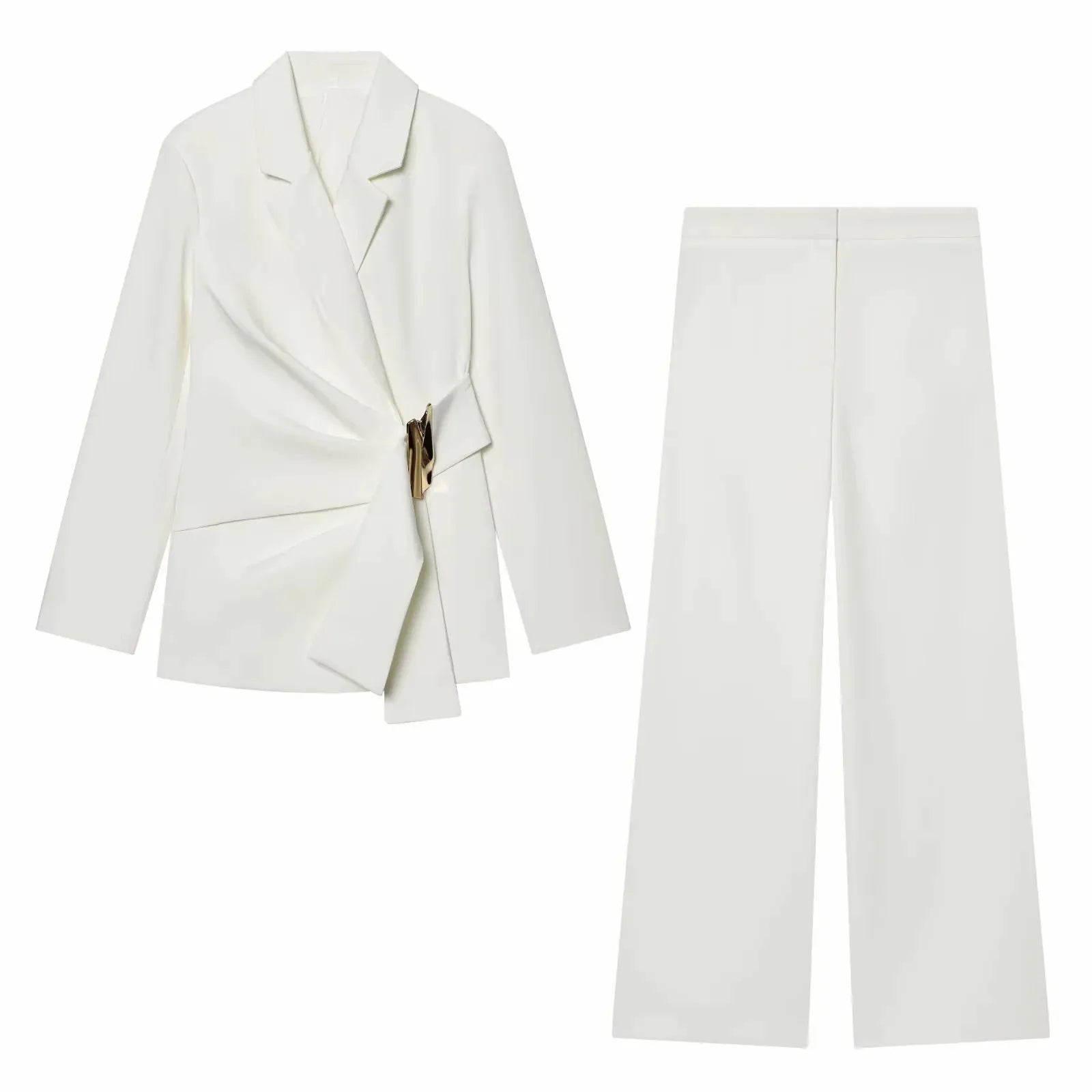 Women Suit Pants Two-Piece Set Buckle Decoration Long Sleeve Blazer Coat + Straight-Leg Pants 2 Pieces Sets Chic Woman Outfits