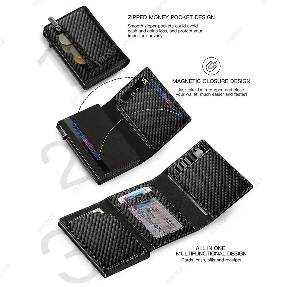 RFID Blocking Credit Card Holders Wallet Men Luxury Ultra Thin Automatic Pop Up Metal Minimalist Wallets Money Clips with Zipper