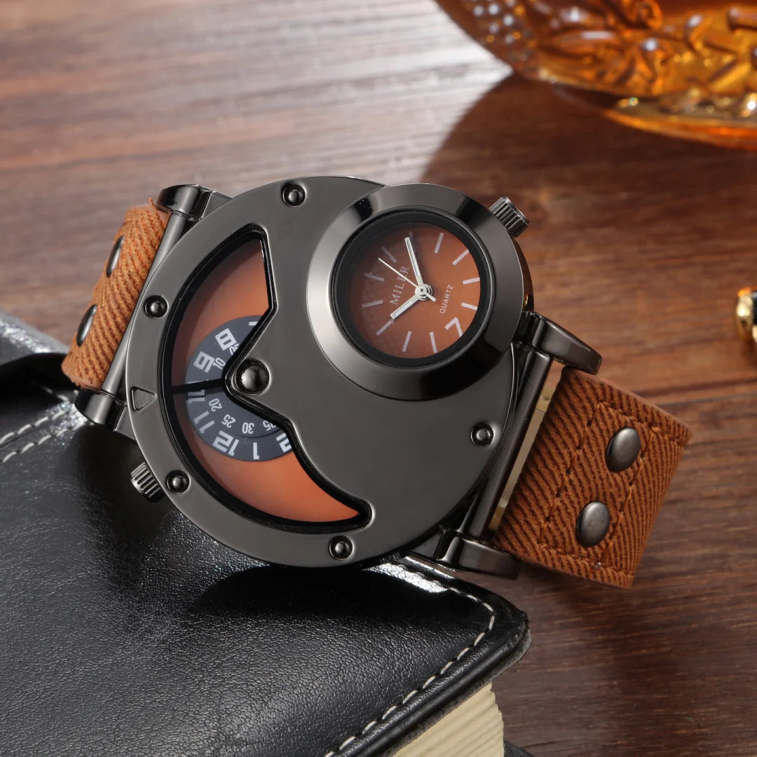 Luxury Men's Quartz Watch - Large Dual Dial Numerals, with Blue or Black Bronze Faux Leather Strap, Alloy Case, Non-Waterproof,