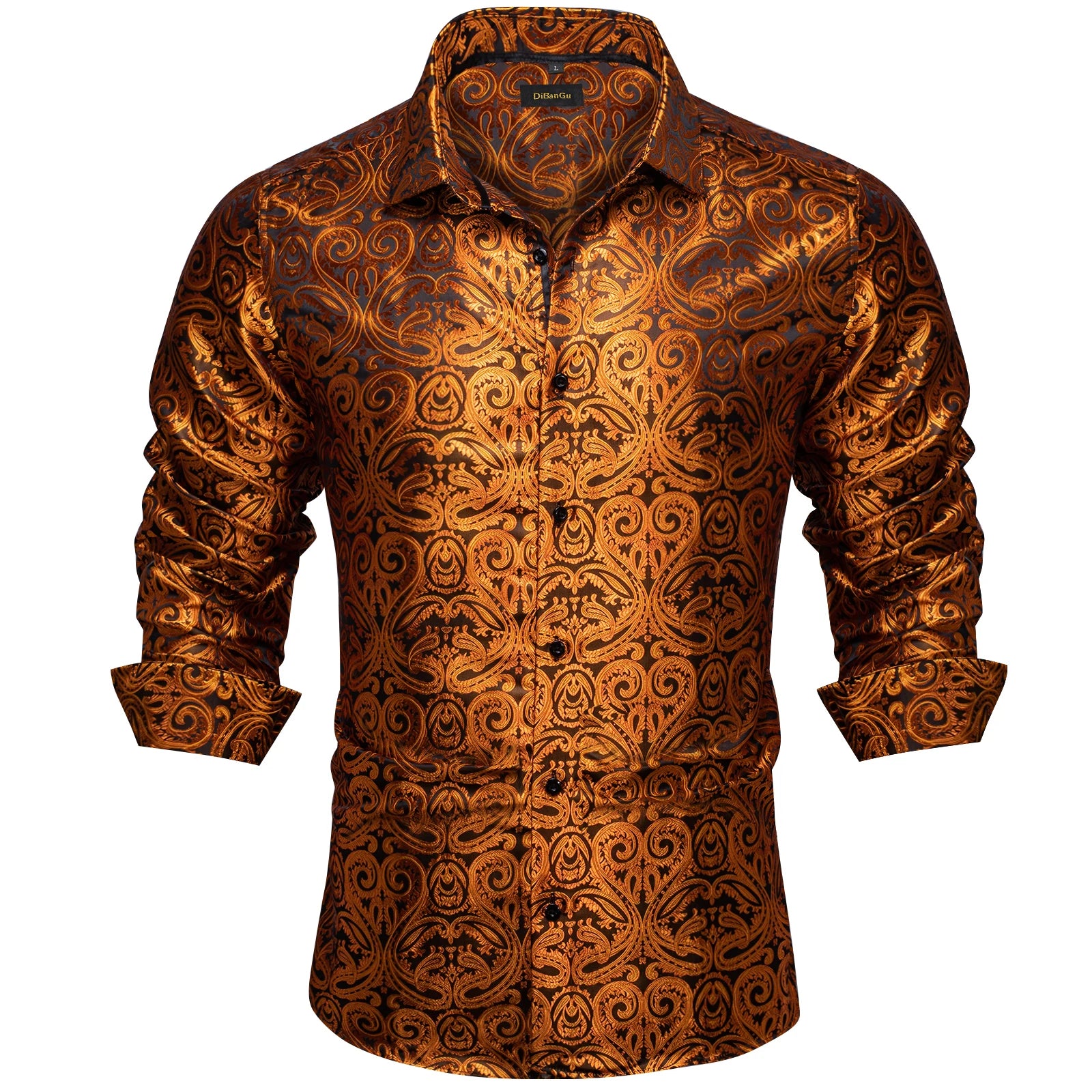 Luxury Men Dress Shirt Formal Prom Tuxedo Long Sleeve Polyester Golden Color Paisley Black Shirts Blouse Men Clothing