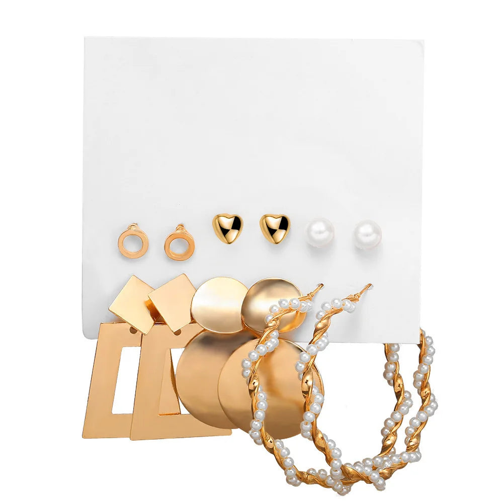 LATS Boho Big Circle Hoop Earring Set for Women Gold Color Bohemia Vintage Pearl Square Earring Heart Zircon Ear Studs Jewelry