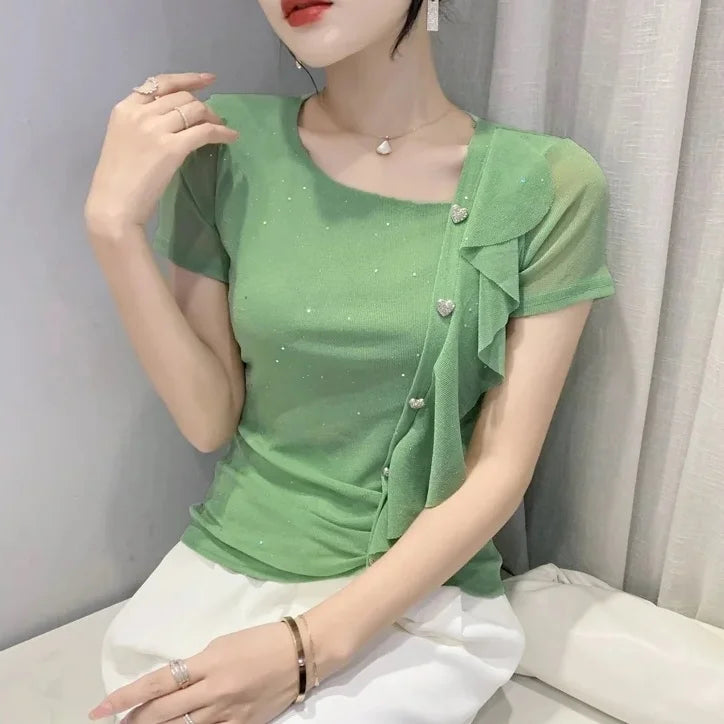 Summer Outfit Elegant Lrregular Slanted Collar Short Sleeve T Shirt For Women Ruffle Slim Clothes 2025 High Quality Tops Woman