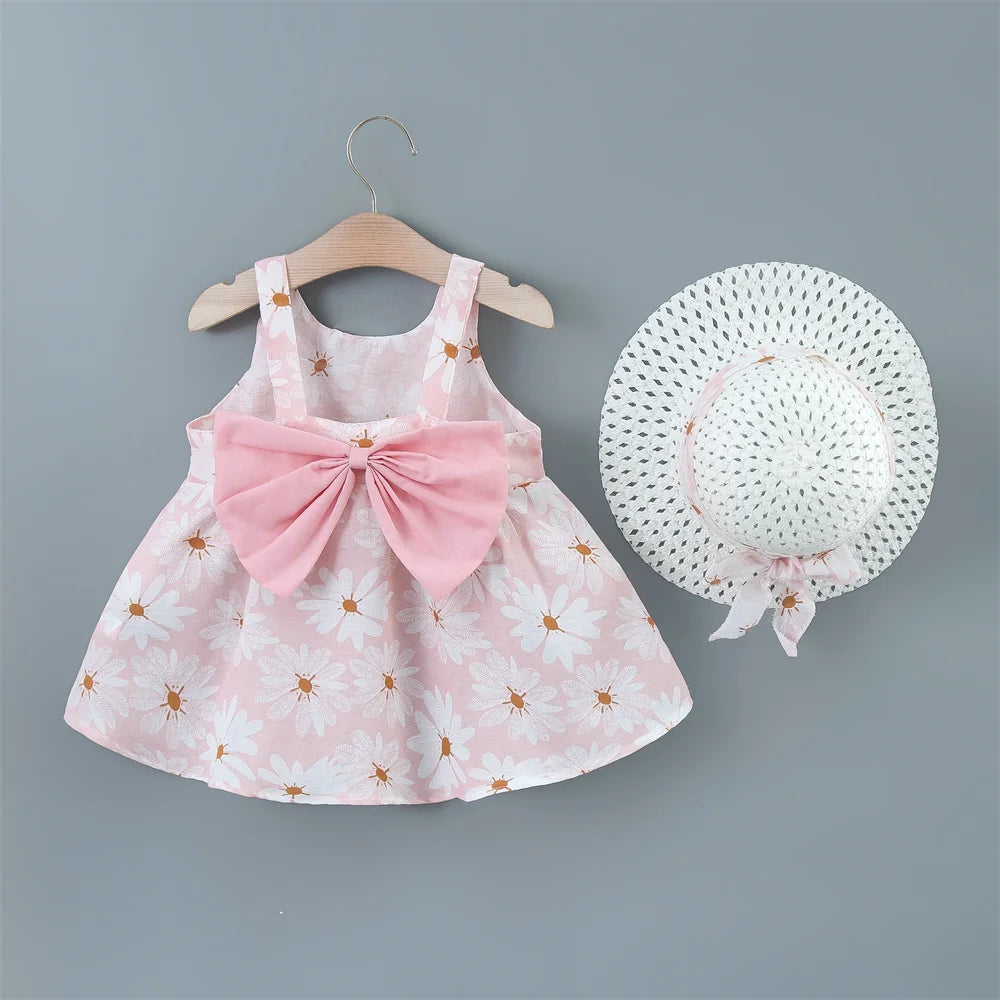 Baby Girl Dress Summer Bow And Full Print Daisy Pattern Suspender Beach Baby Dresses Cute Casual Baby Girl Clothes With Hat ﻿