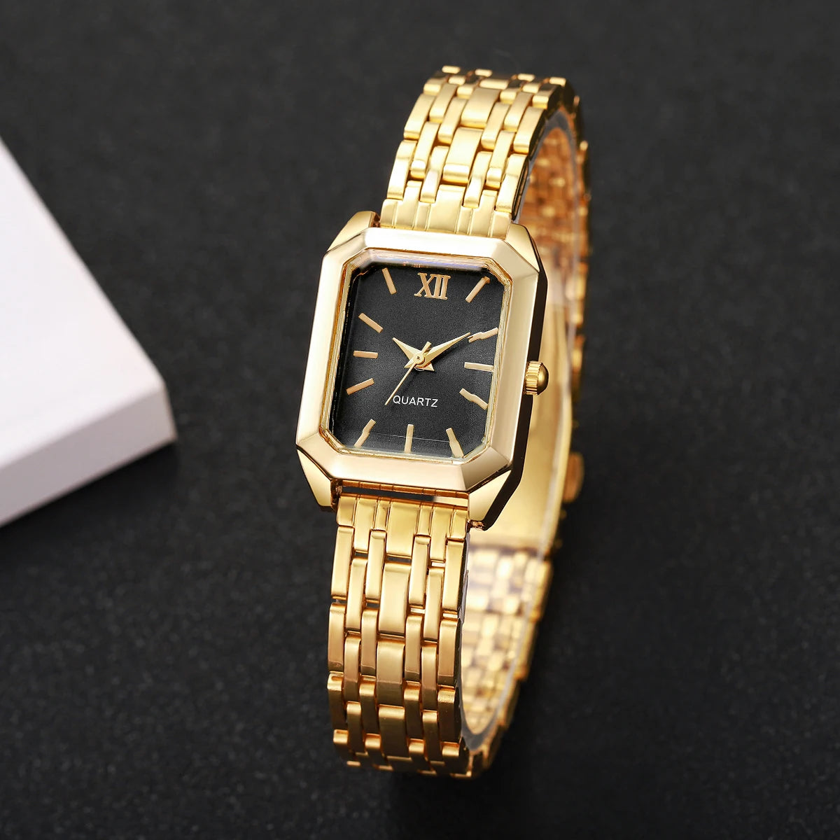 2/5 pçs Light luxury steel strip women's watch student fashion simple square quartz watch set