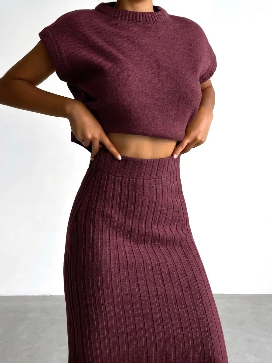 Women's 2 Piece Knit Outfit Set  2026 Spring Summer Short Sleeve Top Ribbed Midi Skirt Elegant Casual Daily Matching Suit
