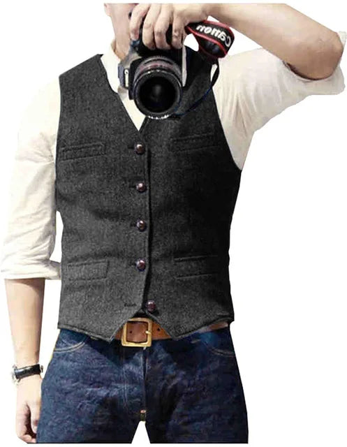 V Neck Men's Suits Vest Casual Classic Formal Business Herringbone Tweed Slim Fit Waistcoat For Wedding Groomsmen