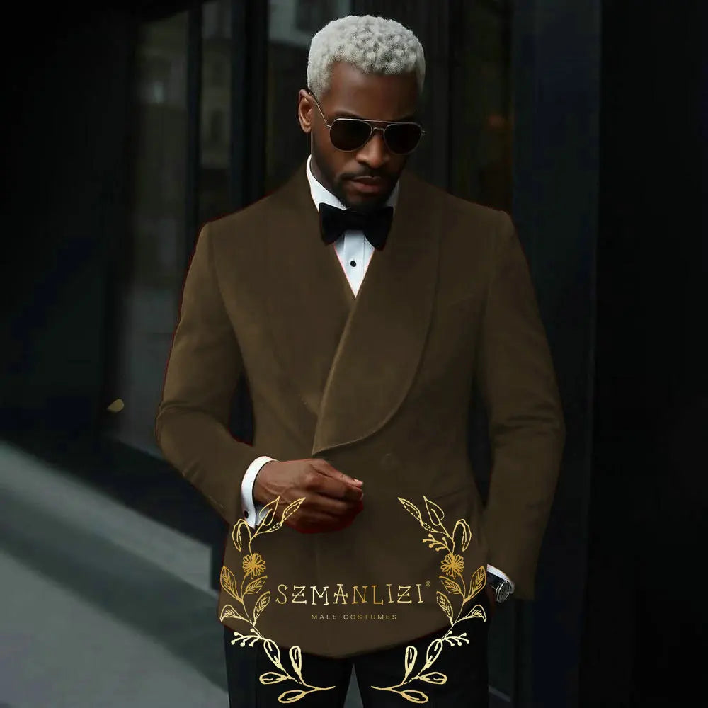 Luxury Grey Velvet Suits Men 2 Pieces Sets Double Breasted Groom Blazers Customized Man Banquet Wedding Tuxedos Male Clothing