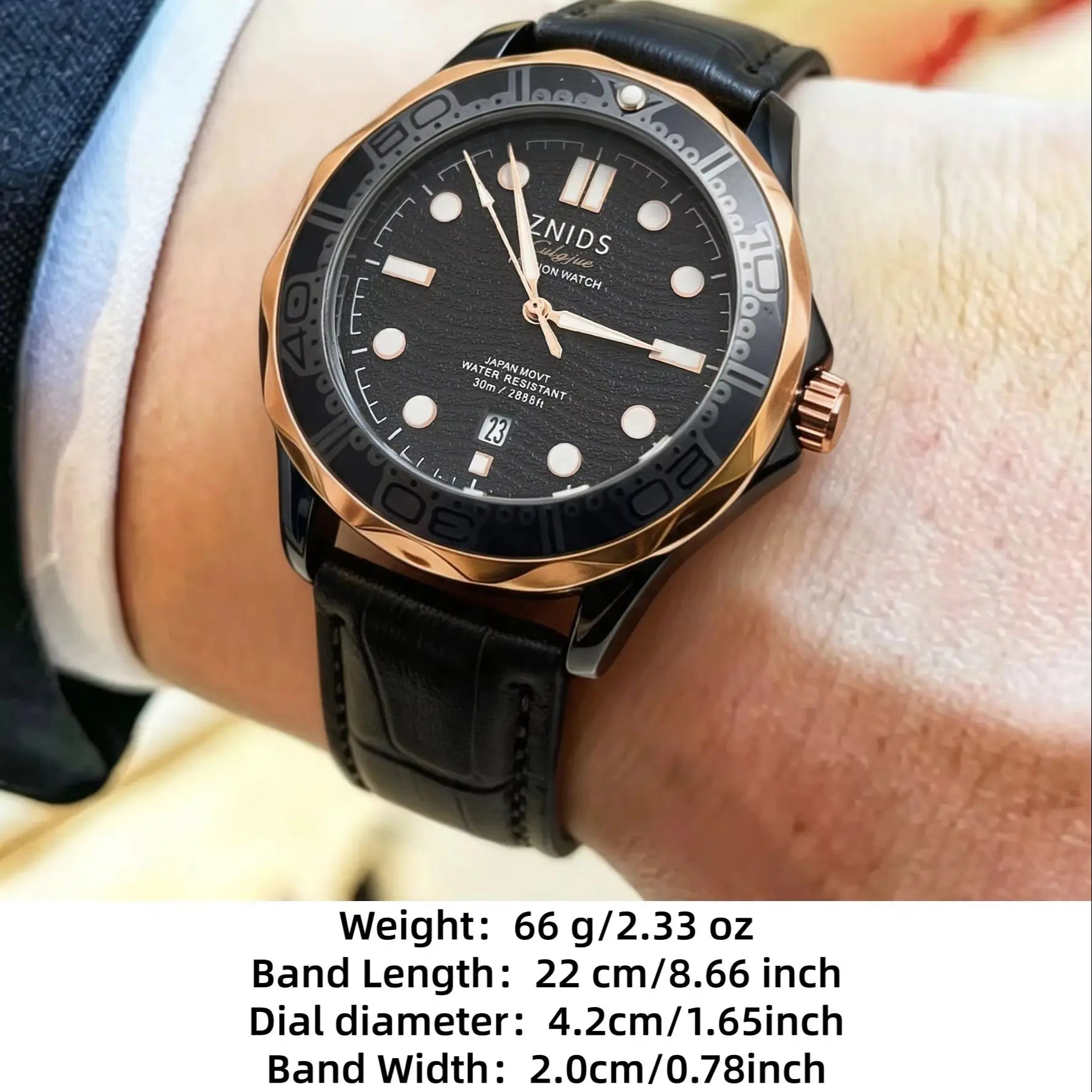 Luxury Men's Quartz Watch, Business Casual Versatile Wristwatch, Quartz Movement with Precise Timekeeping, Waterproof, Luminous Scale and Calendar Window, Rose Gold Bezel, Black Dial, Leather Strap, Luxury High-End Men's Watc