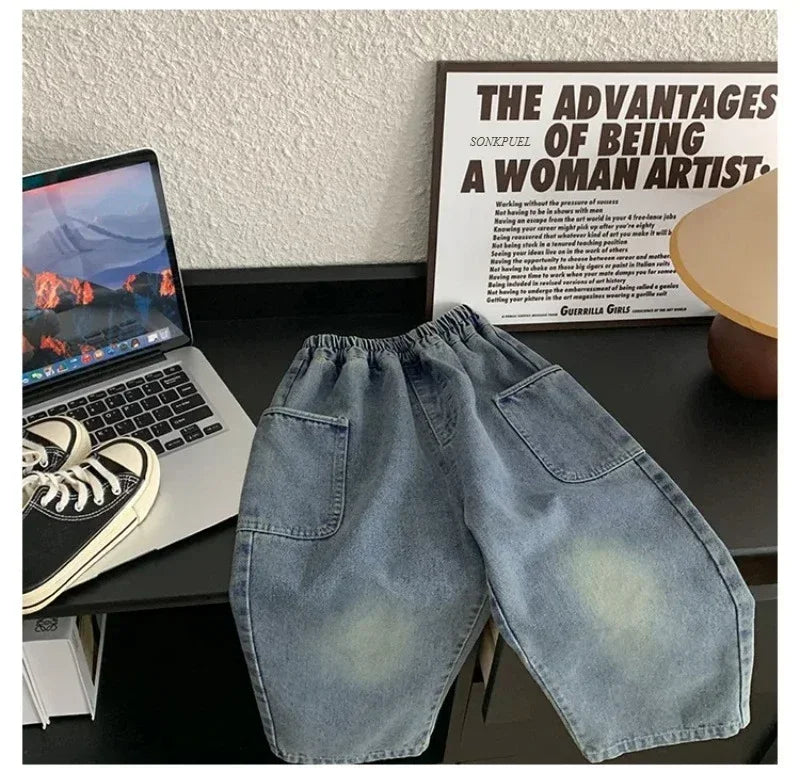 2025 Spring and Autumn New Kids pants Fashion solid color Children's straight jeans Boys loose casual denim Trousers