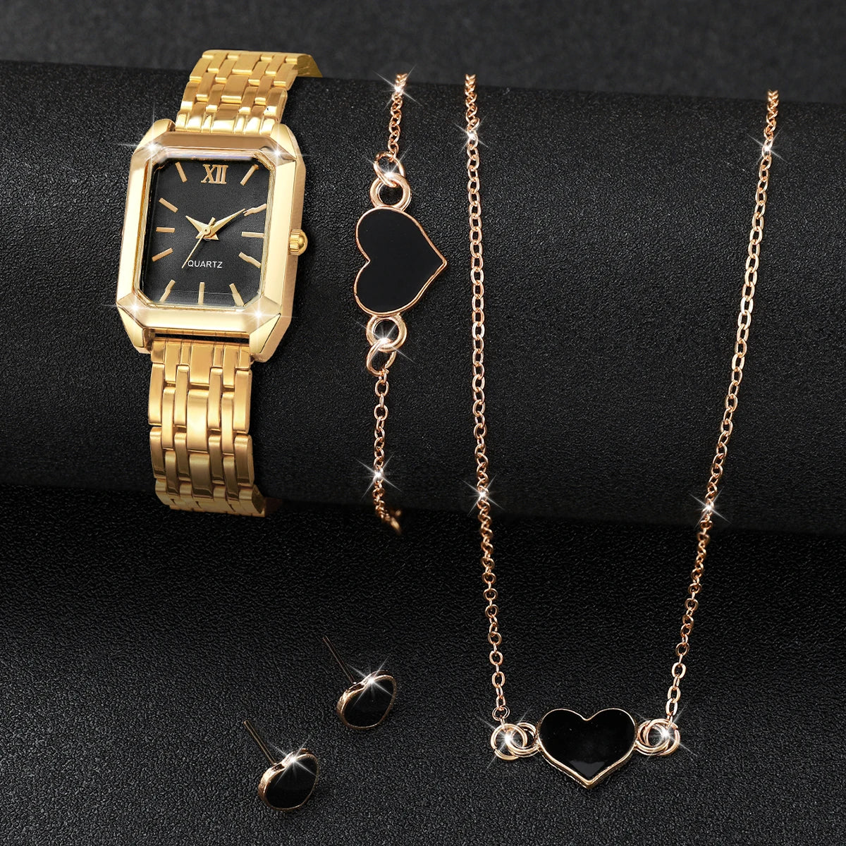 2/5 pçs Light luxury steel strip women's watch student fashion simple square quartz watch set