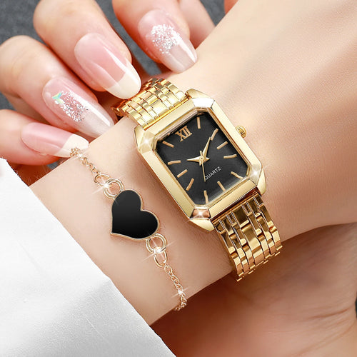 2/5 pçs Light luxury steel strip women's watch student fashion simple square quartz watch set