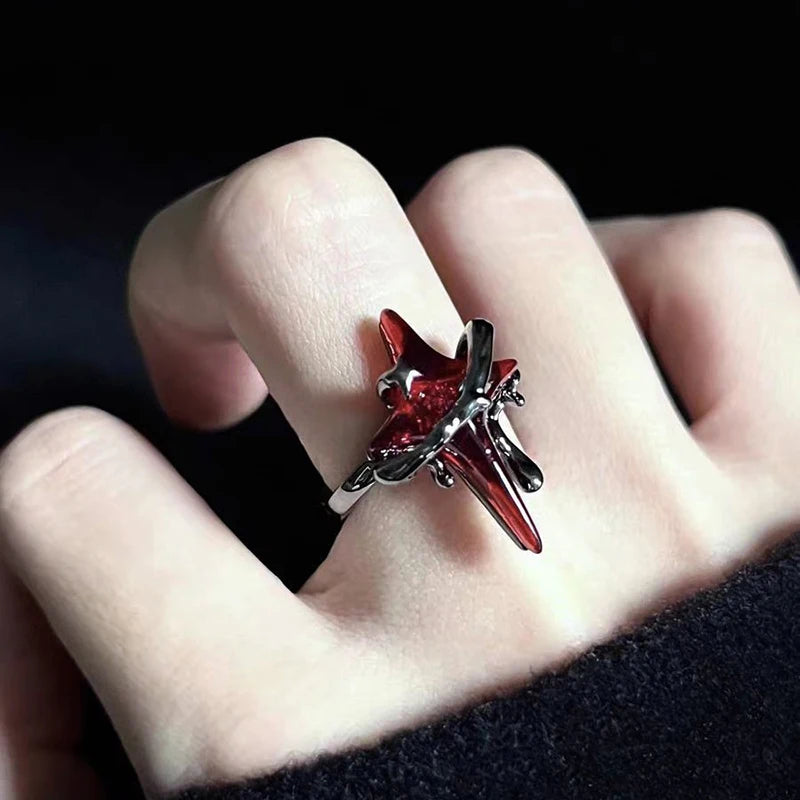 Vintage Gothic Temperament Red Crystal Cross Geometry Aesthetic Open Rings for Women Girl Punk Grunge Jewelry Men Rings