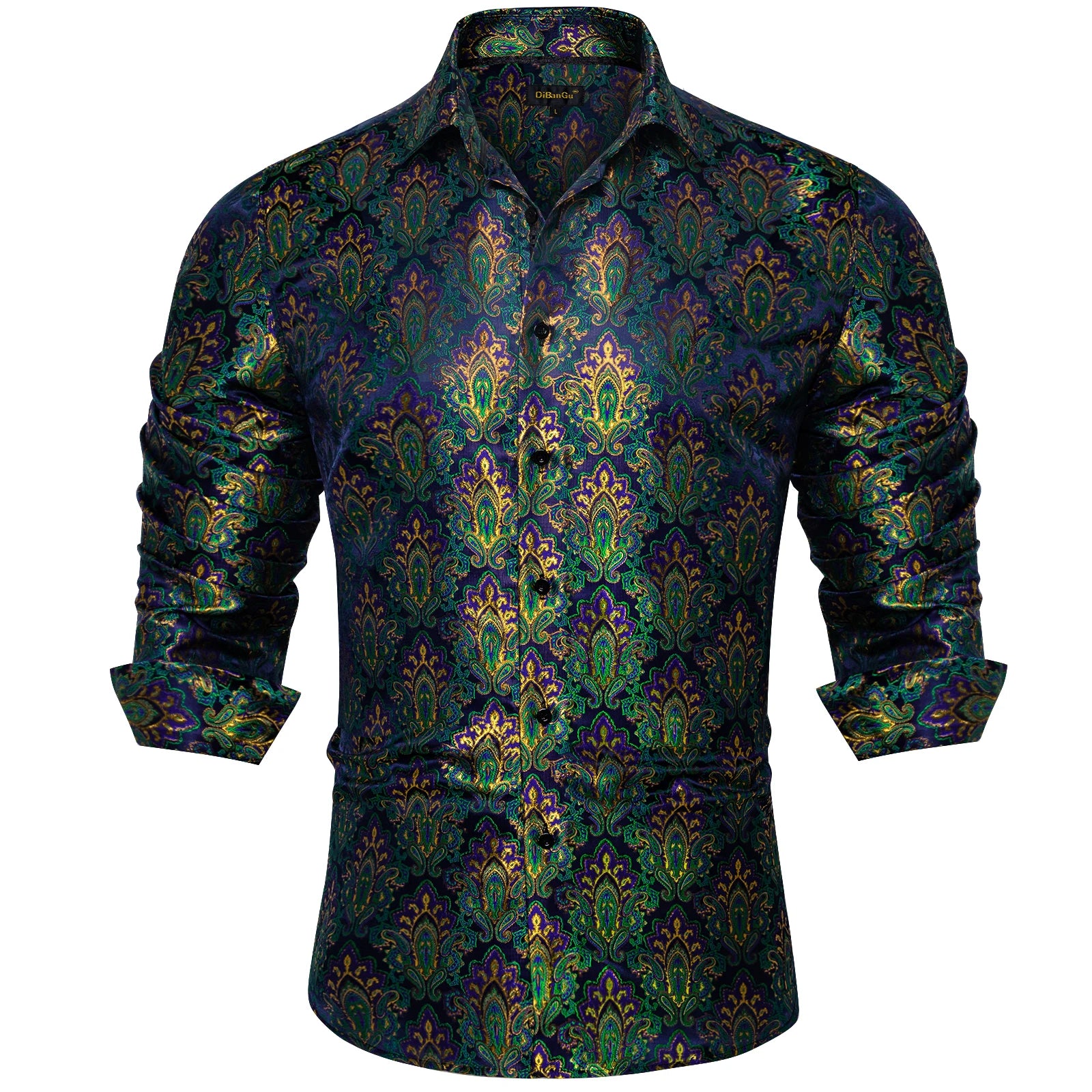 Luxury Men Dress Shirt Formal Prom Tuxedo Long Sleeve Polyester Golden Color Paisley Black Shirts Blouse Men Clothing