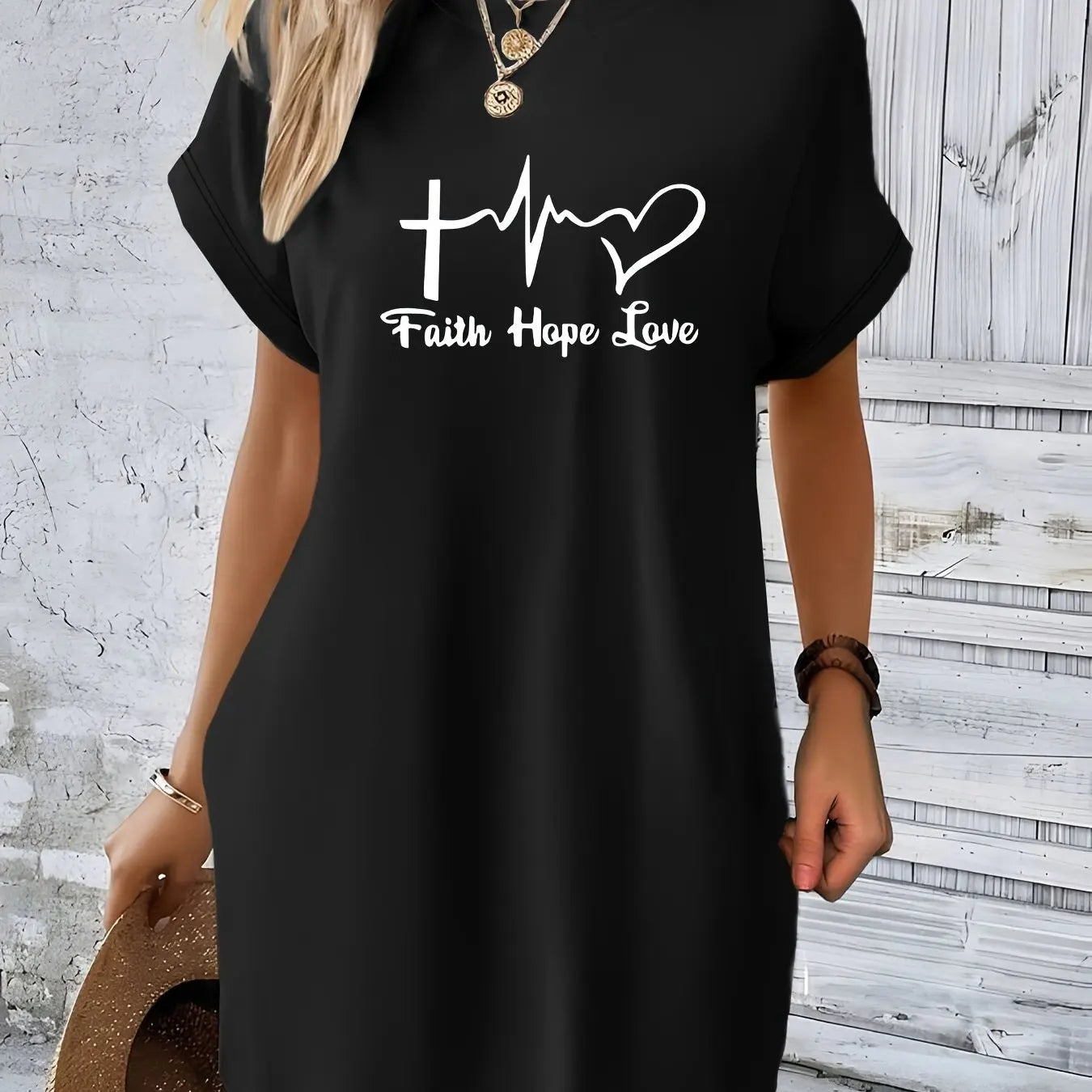 Women's Casual Faith hope love print Graphic TShirt Dress  Short Sleeve Round Neck Loose Fit SpringSummer