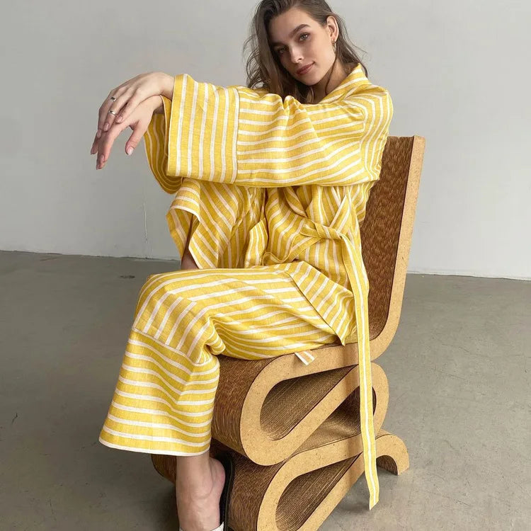 Women's Two-piece Set  Autumn New Striped Long-sleeved Loose Lace-up Top High-waisted Trousers Fashion Casual Suit for Women
