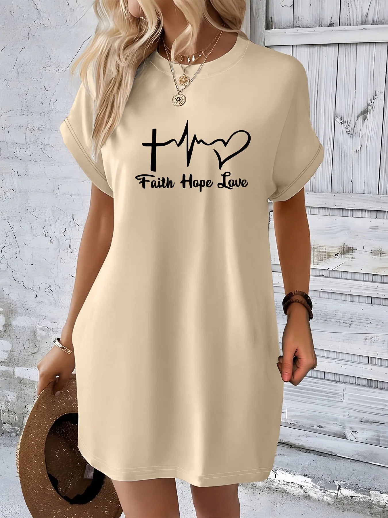Women's Casual Faith hope love print Graphic TShirt Dress  Short Sleeve Round Neck Loose Fit SpringSummer