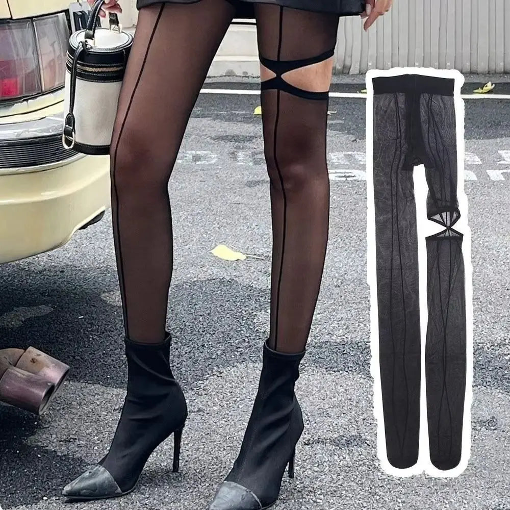 Transparent Mesh High Pantyhose Vertical Line Y2K Asymmetry Pantyhose Women Tights Black Perspective Stockings Summer