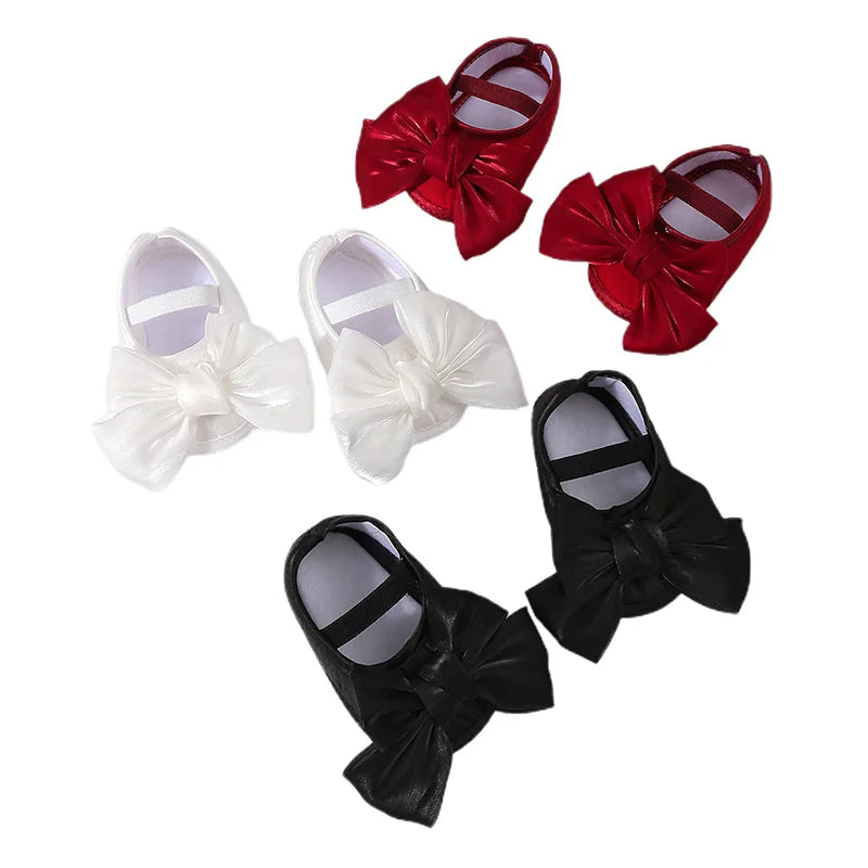 Baby Girls Baptism Shoes and Headband Shiny Bowknot Mary Jane Flats and Hairband Set 0-12M