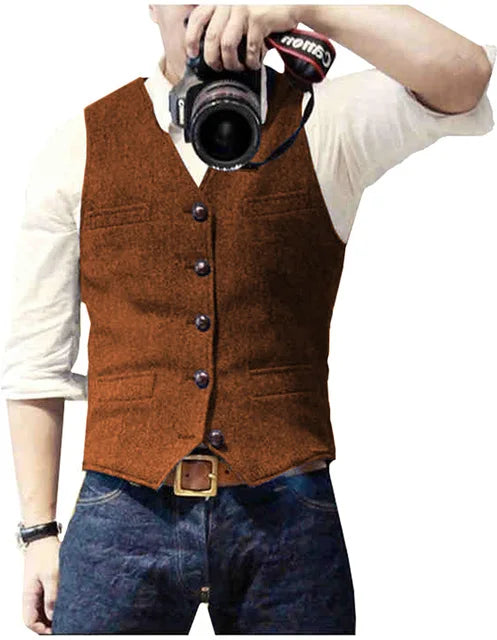 V Neck Men's Suits Vest Casual Classic Formal Business Herringbone Tweed Slim Fit Waistcoat For Wedding Groomsmen