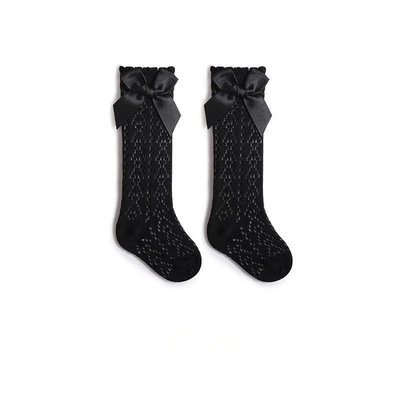 Baby Knee High Socks Kids Girls Boys Bow Long Sock Soft Cotton Mesh Breathable Children Hollow Out Socken for 0-3 Years Old