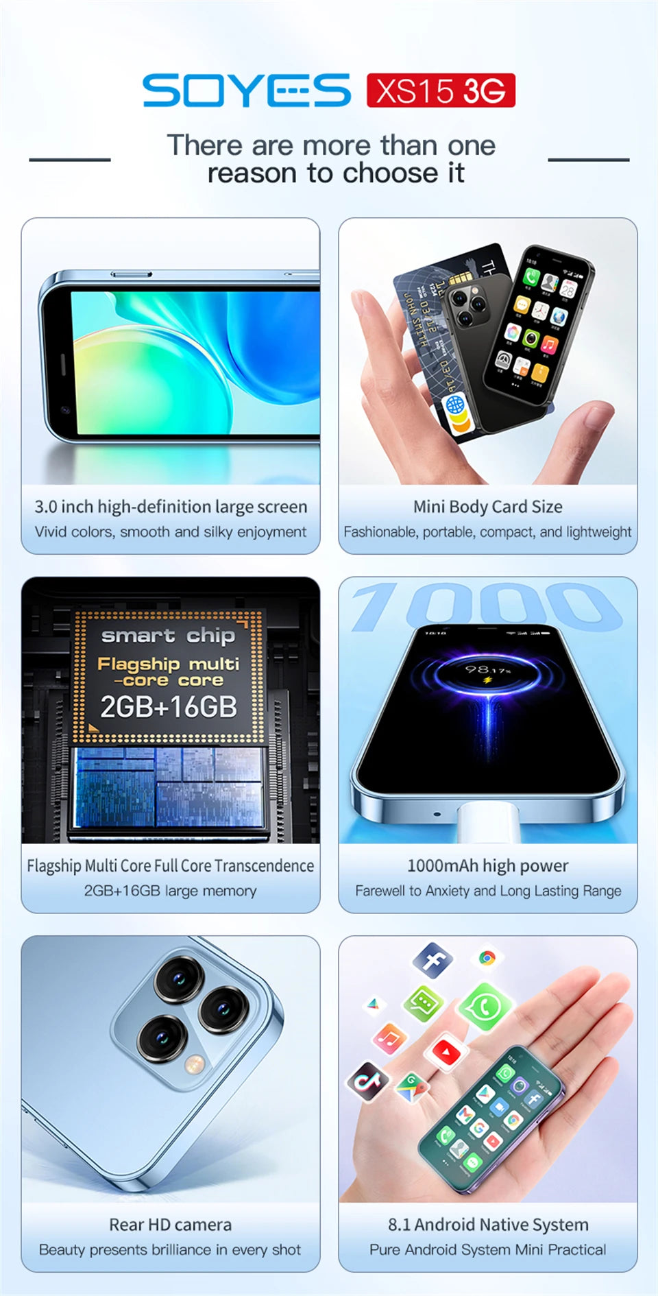 New SOYES XS15 Mini Smartphone 3.0inches MTK 2GB RAM 16GB ROM WCDMA 3G Dual SIM 2MP Rear Camera 480x854 Type-C Android Cellphone