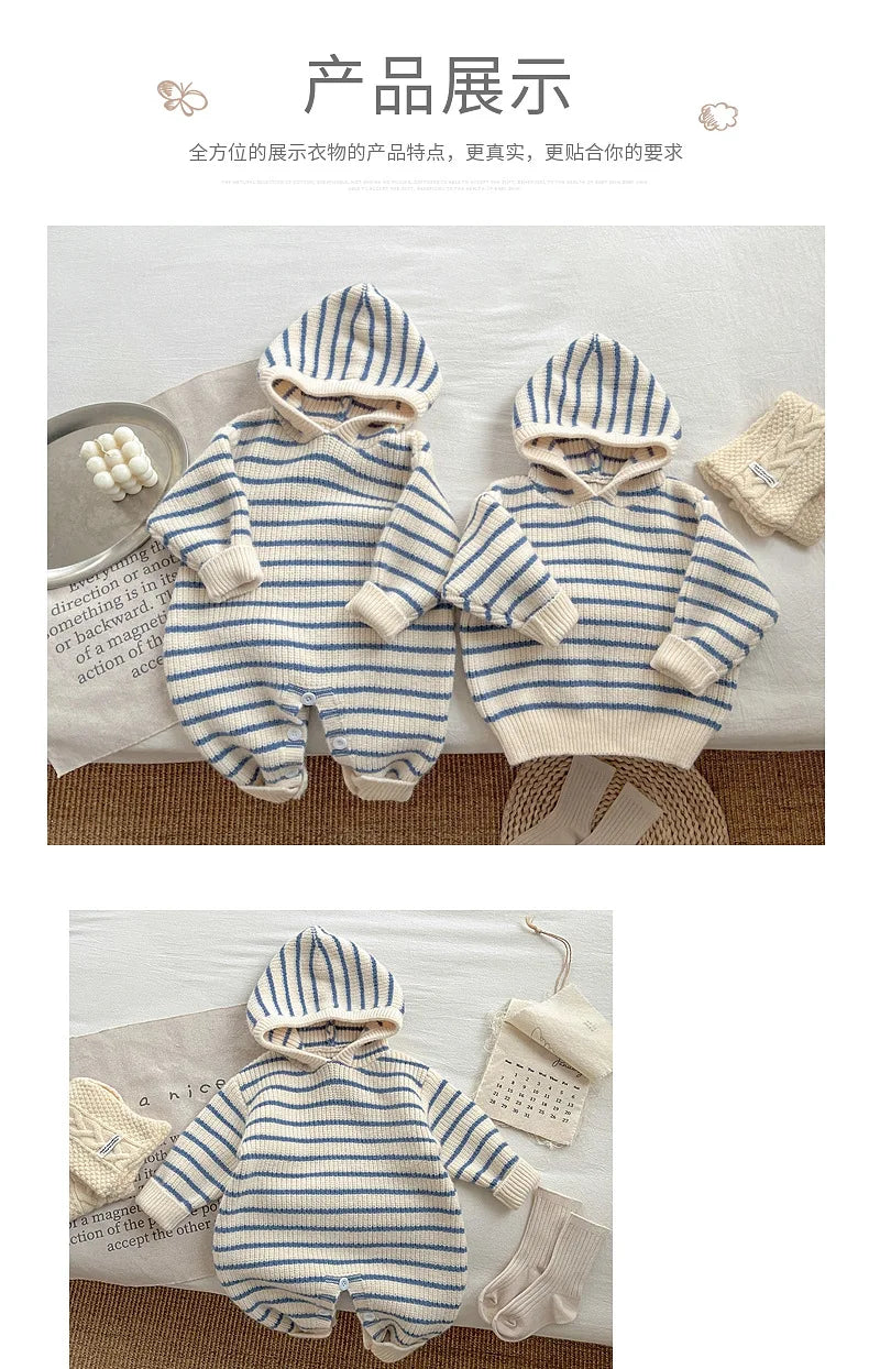 Ins Baby Clothing Korean Style Fashion Casual Soft Comfortable Knitwear Top Winter New Boys Girls Baby Thick Striped Romper