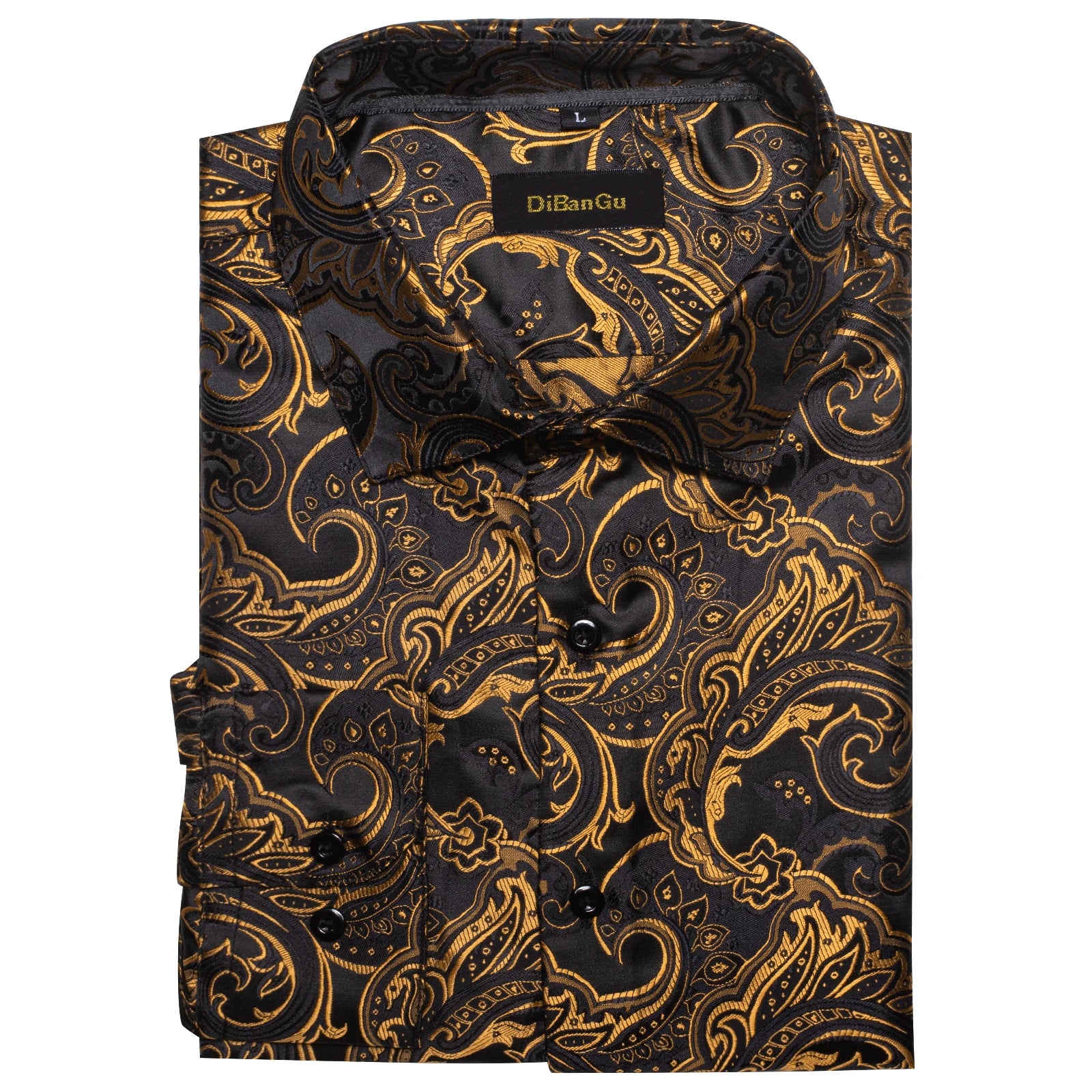 Luxury Men Dress Shirt Formal Prom Tuxedo Long Sleeve Polyester Golden Color Paisley Black Shirts Blouse Men Clothing