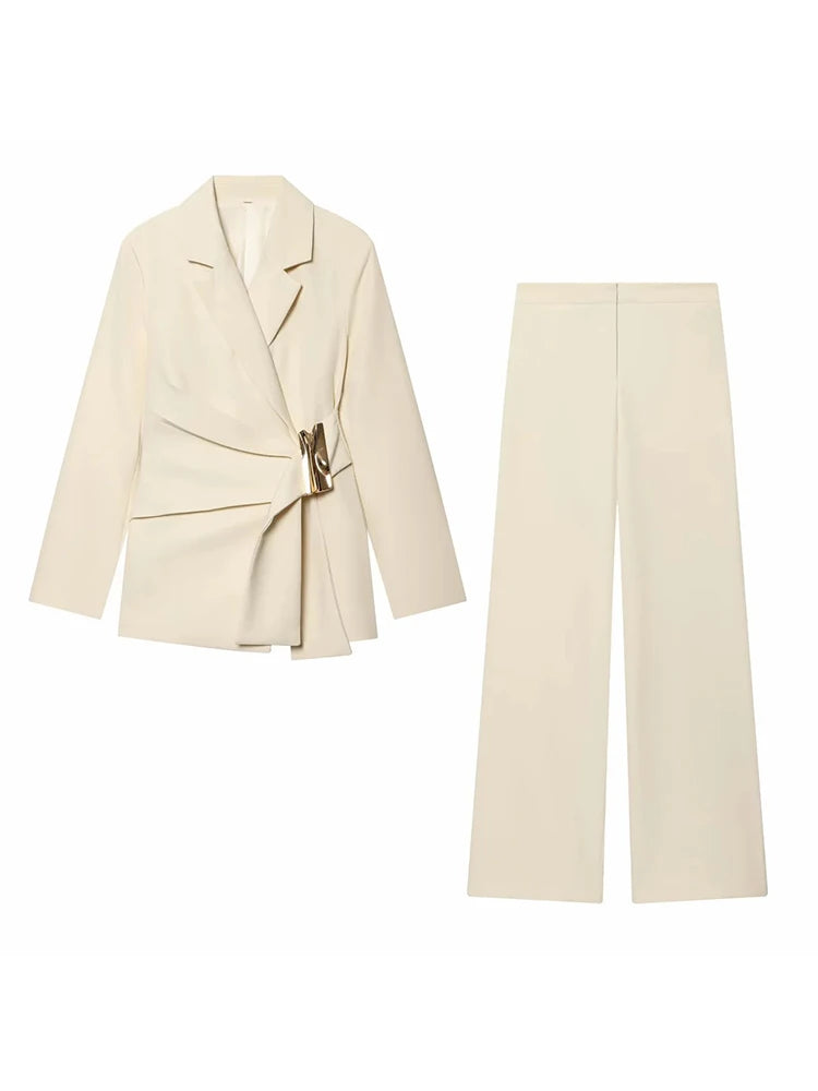 Women Suit Pants Two-Piece Set Buckle Decoration Long Sleeve Blazer Coat + Straight-Leg Pants 2 Pieces Sets Chic Woman Outfits