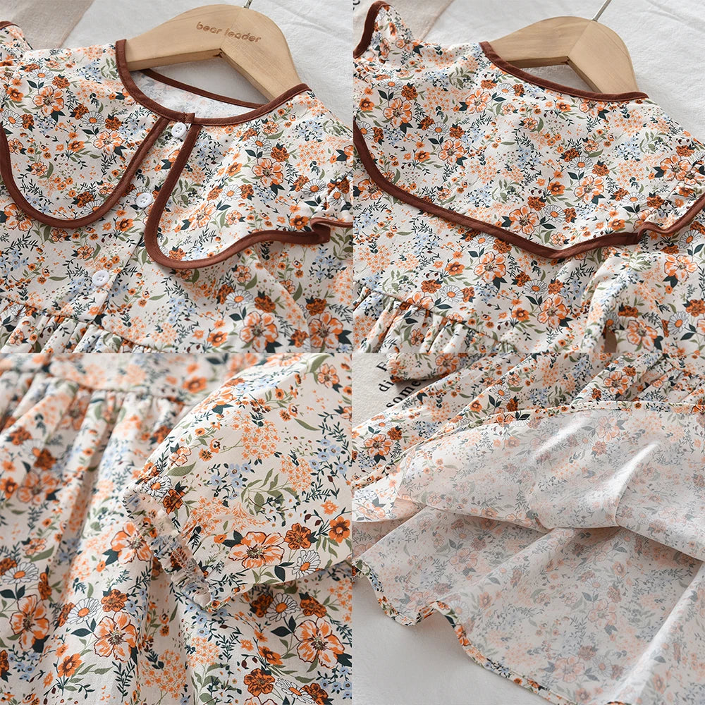 Bear Leader Autumn Spring New Girls' Dress Fashion Cute Doll Neck Flower Print Dress Children's Girls Long Sleeve Princess Dress