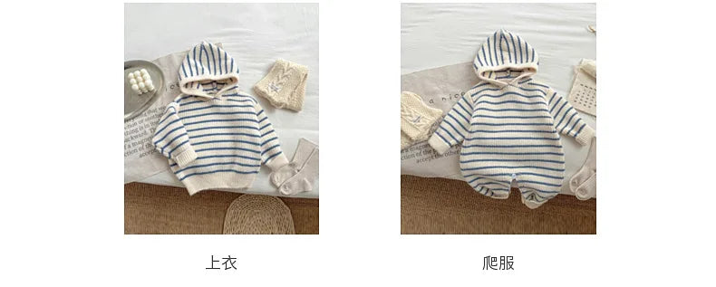 Ins Baby Clothing Korean Style Fashion Casual Soft Comfortable Knitwear Top Winter New Boys Girls Baby Thick Striped Romper