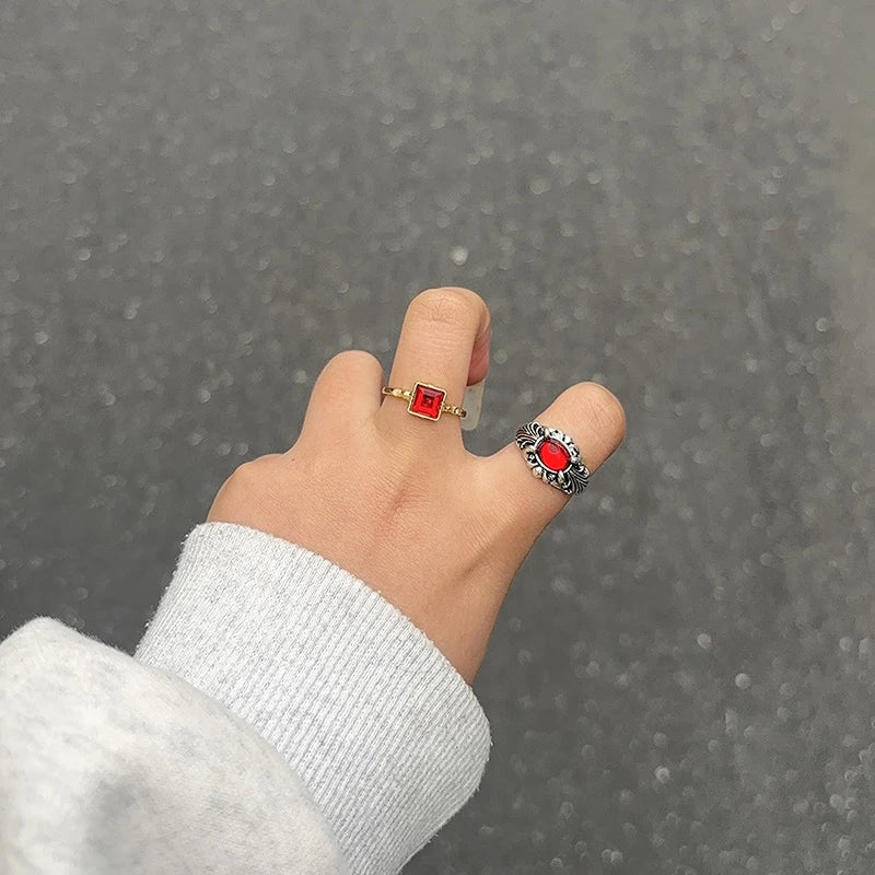 Vintage Gothic Temperament Red Crystal Cross Geometry Aesthetic Open Rings for Women Girl Punk Grunge Jewelry Men Rings