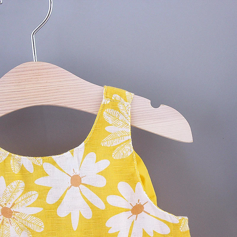 Baby Girl Dress Summer Bow And Full Print Daisy Pattern Suspender Beach Baby Dresses Cute Casual Baby Girl Clothes With Hat ﻿