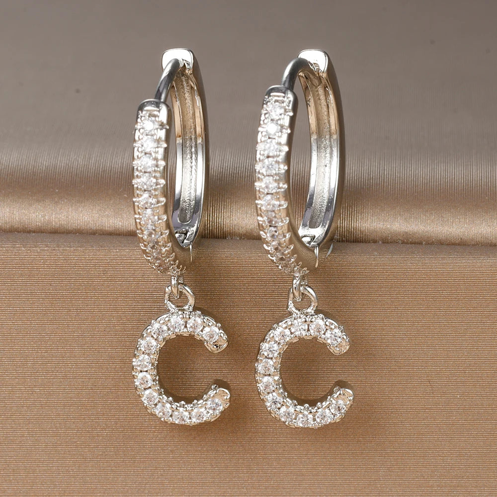 Silver Color Stainless Steel 26 Letters Hoop Earrings For Women A-Z Crystal Zircon Cartilage Piercing Earrings Wedding Jewelry