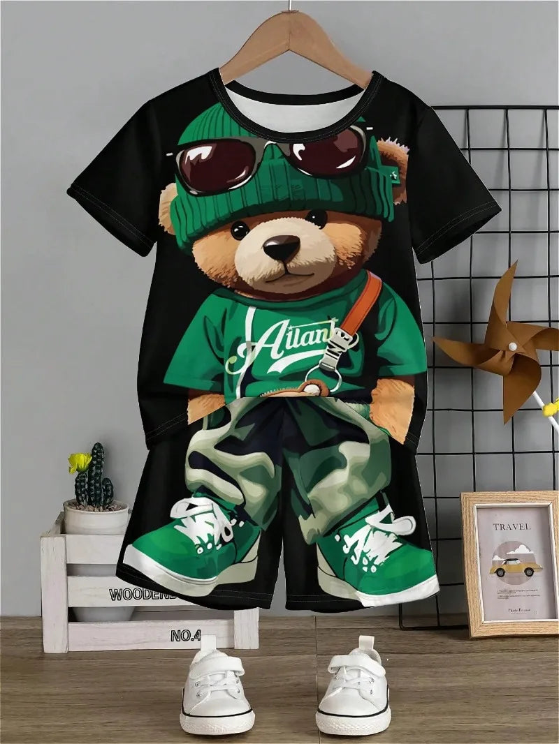 Summer fashion hot little boy summer cute cartoon digital print short-sleeved T-shirt and shorts, hot round neck suit