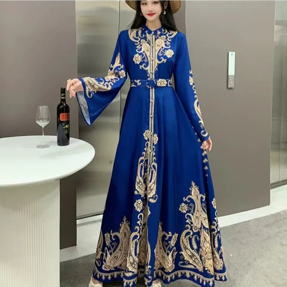 Eid Muslim Party Dress for Women Print Flare Sleeve Ramadan Abaya Belt Morocco Kaftan Vestidos Largos Dubai Robe Jalabiya 2026
