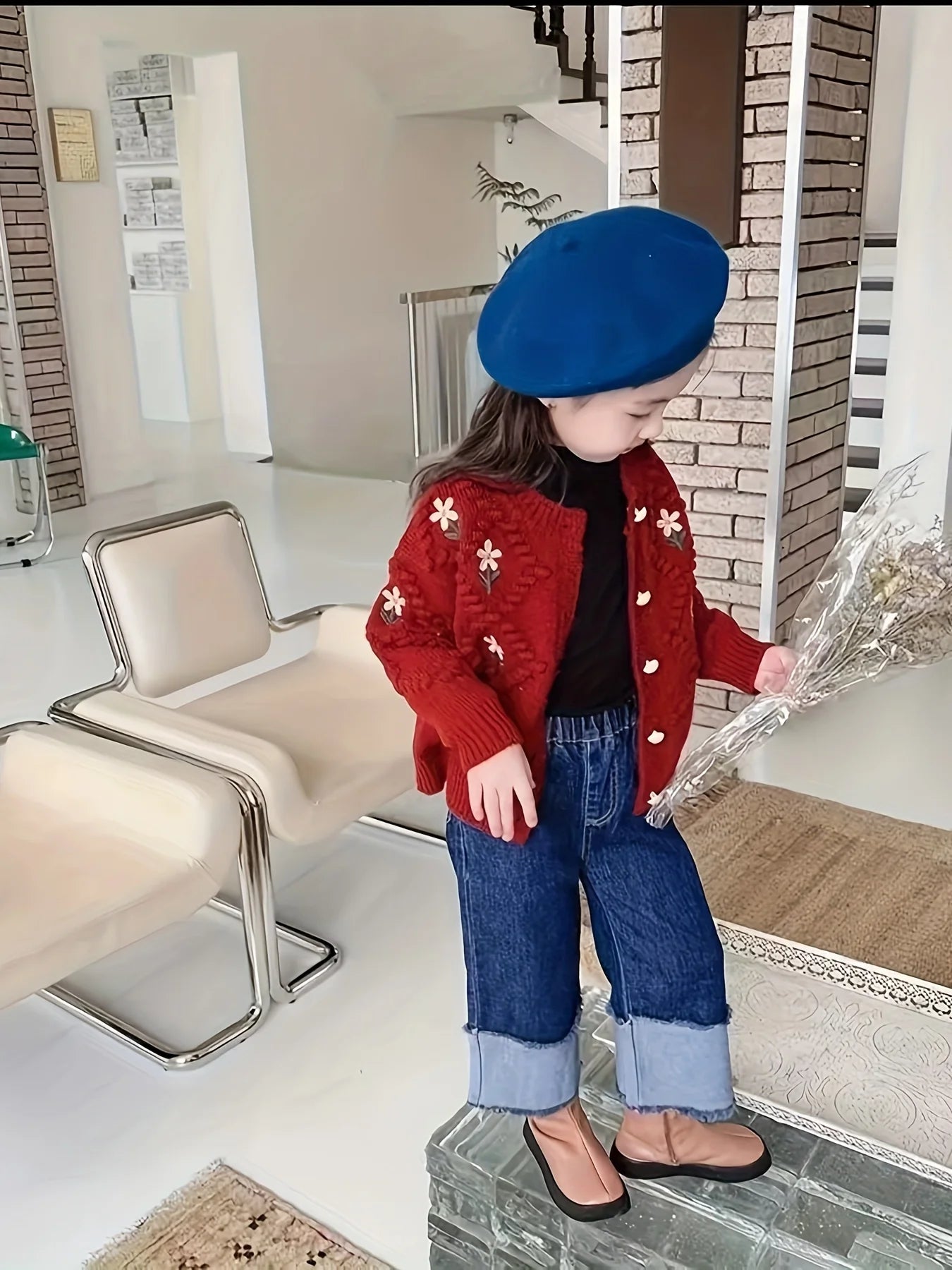 Girls' Sweater Cardigan Spring and Autumn New Fashionable Korean Style Children's Easiest for Match Embroidered Flower Knitted Jacket Trendy for Big Children