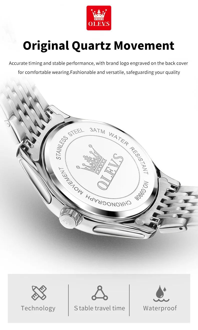 OLEVS Men's Watches Business Simply Original Quartz Watch for Man Waterproof Stainless Steel Luminous Hands Date Week