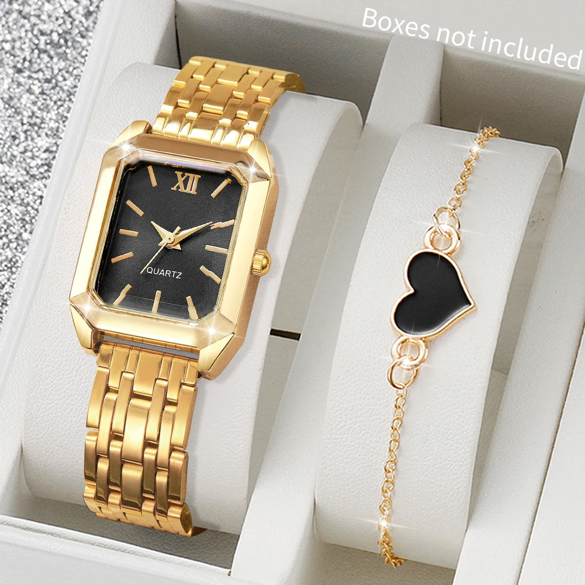 2/5 pçs Light luxury steel strip women's watch student fashion simple square quartz watch set