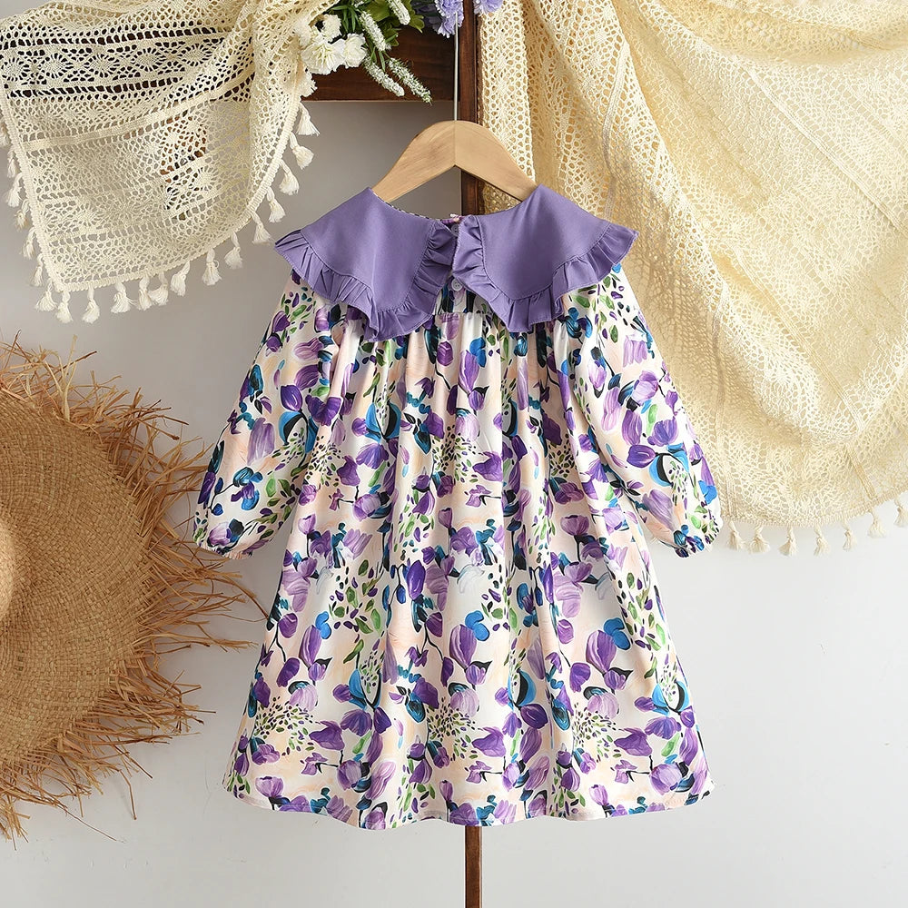 Bear Leader Autumn Spring New Girls' Dress Fashion Cute Doll Neck Flower Print Dress Children's Girls Long Sleeve Princess Dress