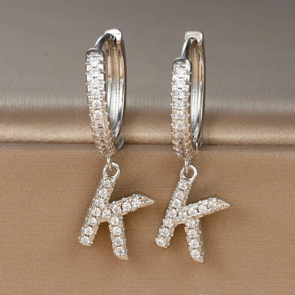 Silver Color Stainless Steel 26 Letters Hoop Earrings For Women A-Z Crystal Zircon Cartilage Piercing Earrings Wedding Jewelry