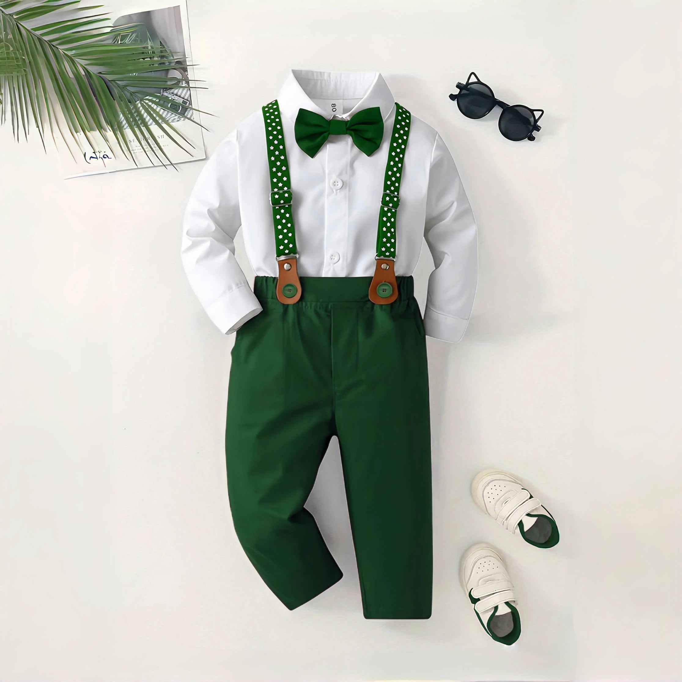 Christmas Outfit for 1-7 Years Boys Long Sleeve Solid 4PCS Sets Kid Gentleman Birthday Cotton Clothing Star Suspender Baby Suit