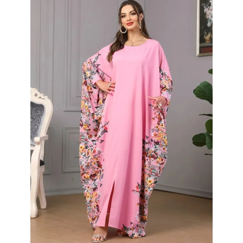 Eid Muslim Party Dress for Women Ramadan Abaya Bat Sleeve Print Long Robe Morocco Kaftan Vestidos Largos Dubai Jalabiya 2025