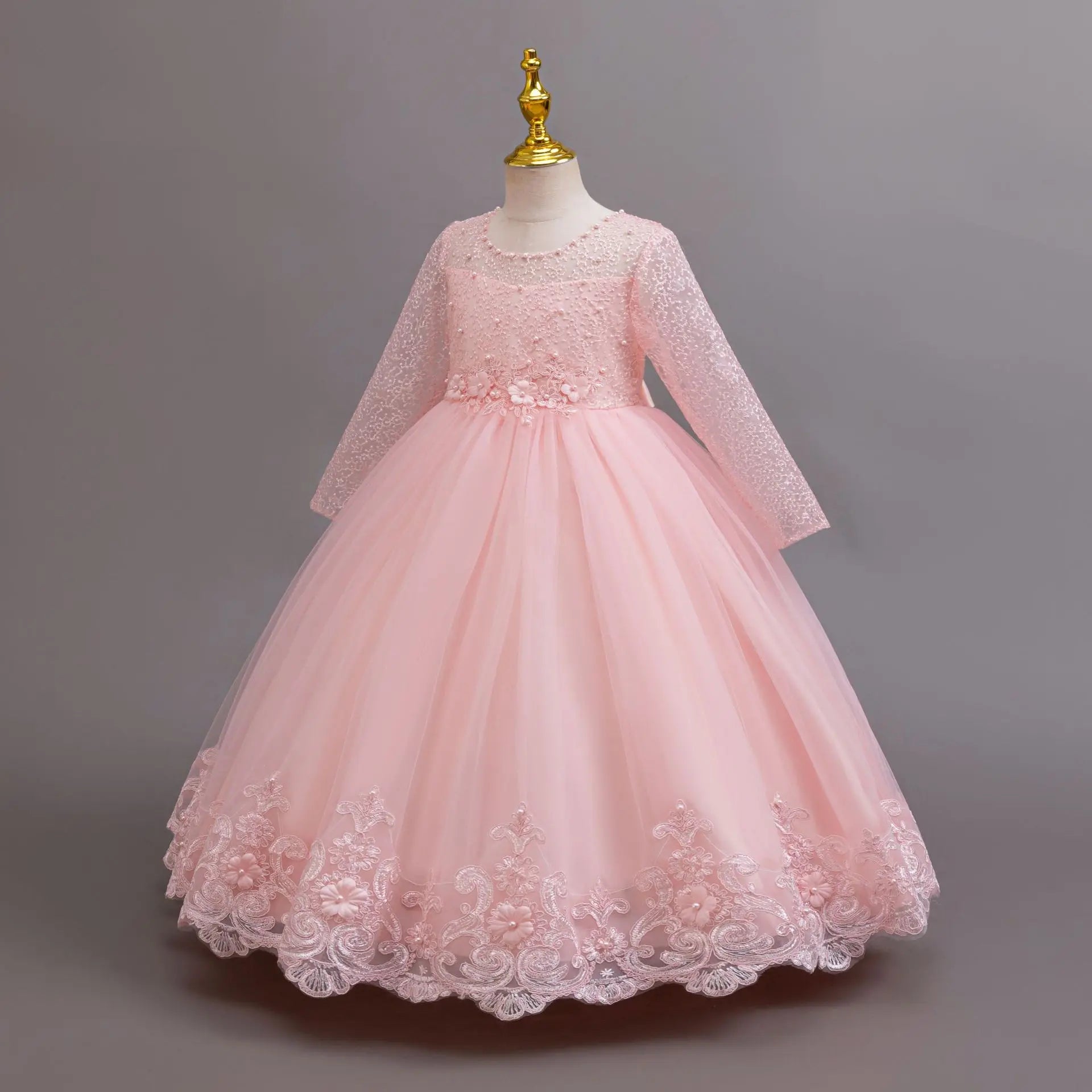 New Long Sleeve Elegant Dress for Young Girls Flower Girl Wedding Dresses Lace Formal White Clothes From 4 to12 Years