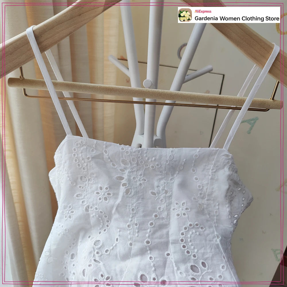 Women Summer Vacation Co Ord Outfits Elegant White Embroidered 2 Piece Set Cropped Top with Thin Straps Matching Cape Midi Skirt