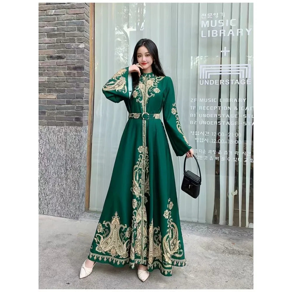 Eid Muslim Party Dress for Women Print Flare Sleeve Ramadan Abaya Belt Morocco Kaftan Vestidos Largos Dubai Robe Jalabiya 2026
