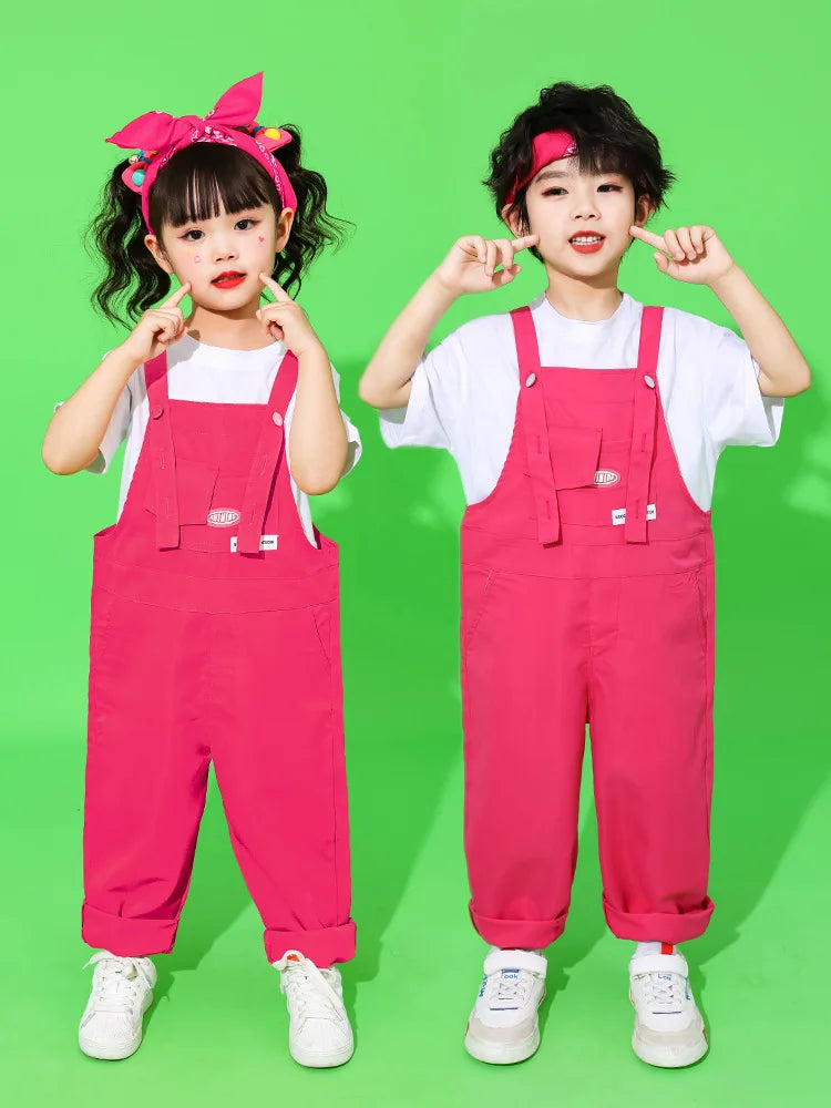 Boys Hip Hop Loose Colorful Overalls Girls Patchwork Dungaree Children Candy Color Jumpsuit Street Dance Romper Kids Streetwear