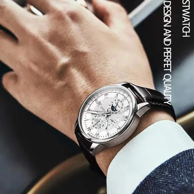 Luxury Brand Watch for Men Trendy High End Light Versatile Quartz Watch Leather Strap Fake Three Eye Fashion Business Wristwatch