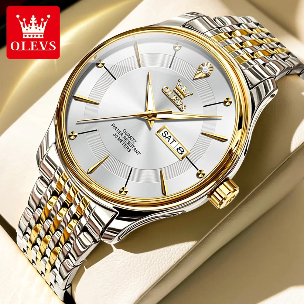 OLEVS Men's Watches Business Simply Original Quartz Watch for Man Waterproof Stainless Steel Luminous Hands Date Week