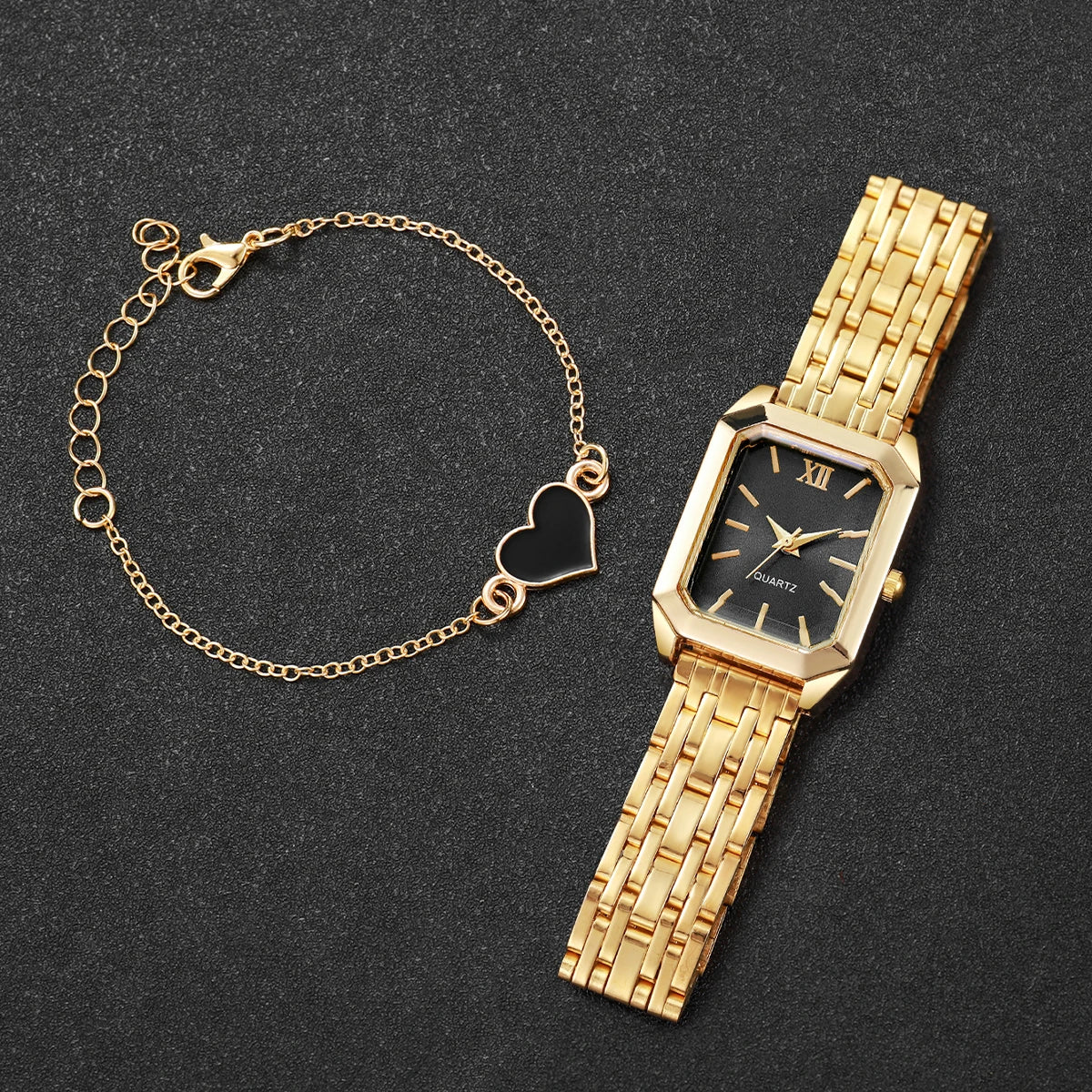 2/5 pçs Light luxury steel strip women's watch student fashion simple square quartz watch set